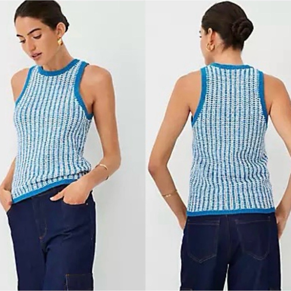 Ann Taylor Two Tone Stitched Racerback Shell Blue White Knit Tank Top Large NWT